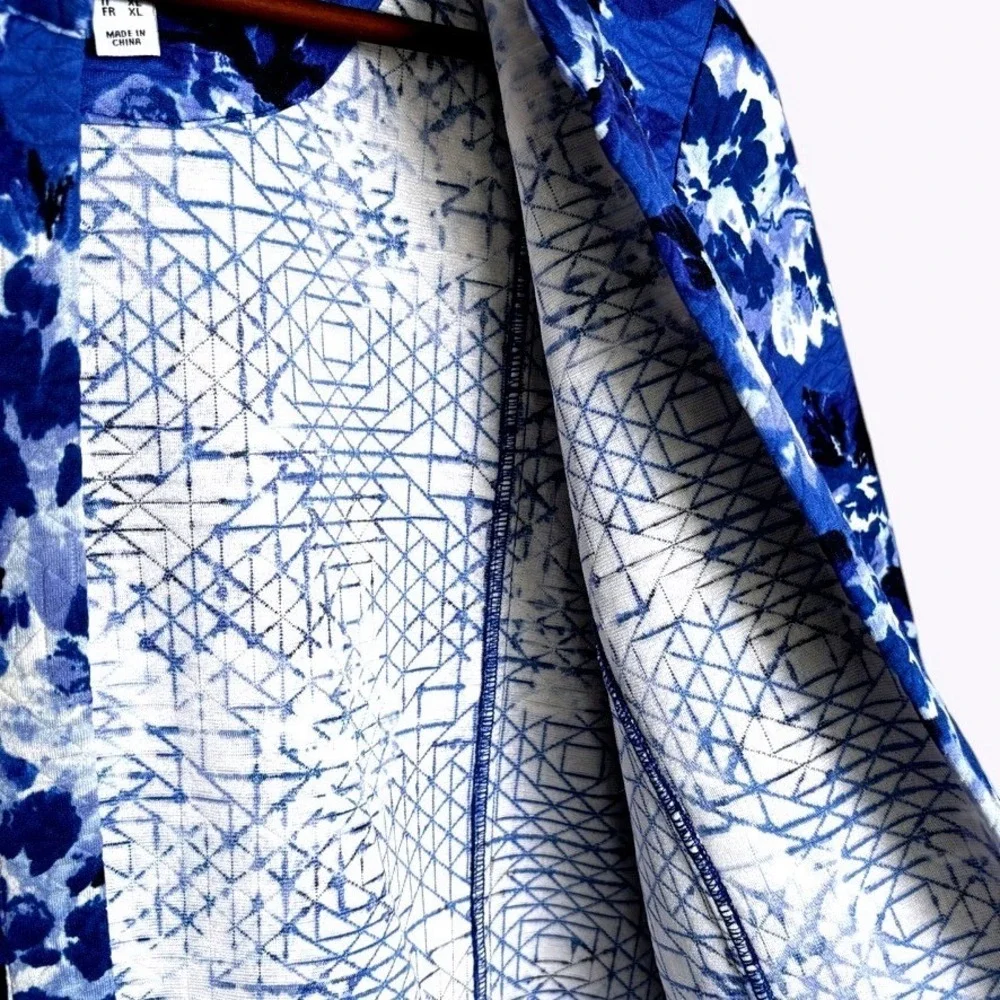 Mizrahi Blue Floral Quilt Open Front Jacket Sz L Polished Casual Classic Cottage